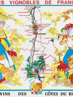 1970’s Vintage Wine Map Poster Les Vignobles de France, Vins des Côtes du Rhône